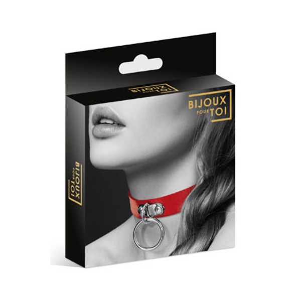 Collier en cuir rouge SM avec anneau métal argenté pour laisse 